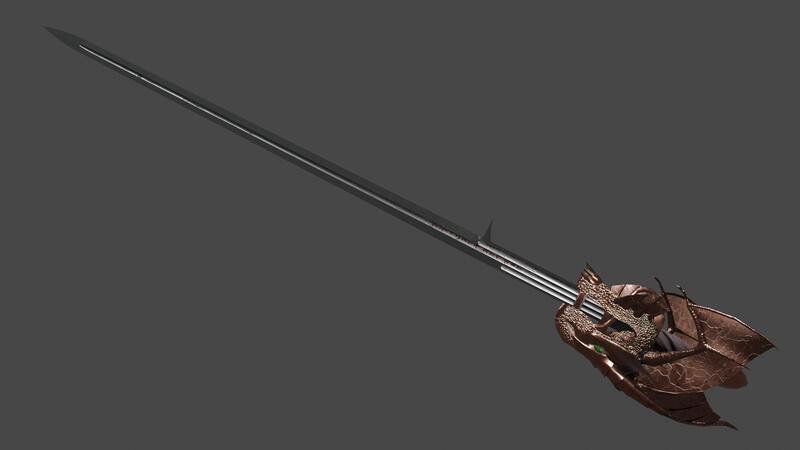 Blender render of a dragon-themed basket hilt sword (commissioned for the asset)