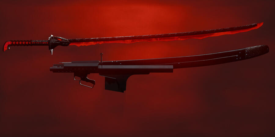 The same katana with a gun ejection mechanism inspired by real weaponry and Metal Gear Rising.